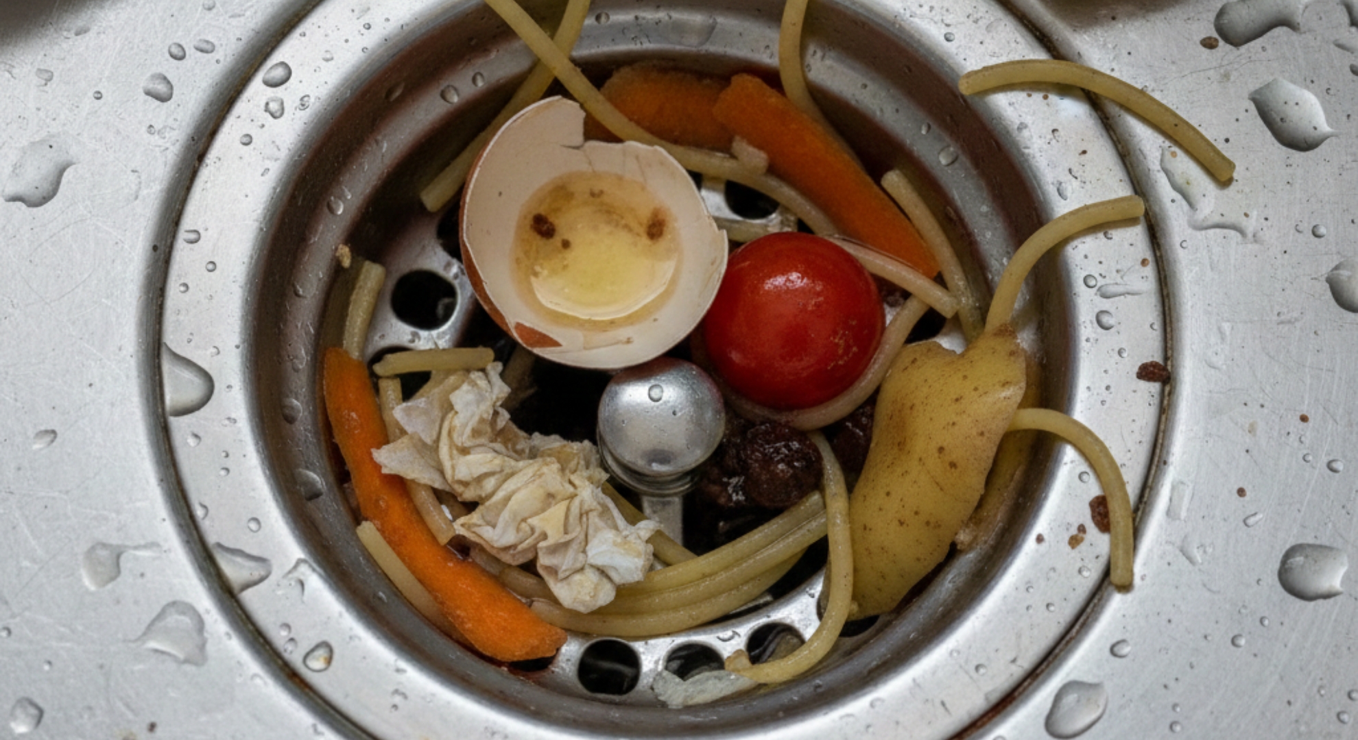 food scraps stuck inside a kitchen drain