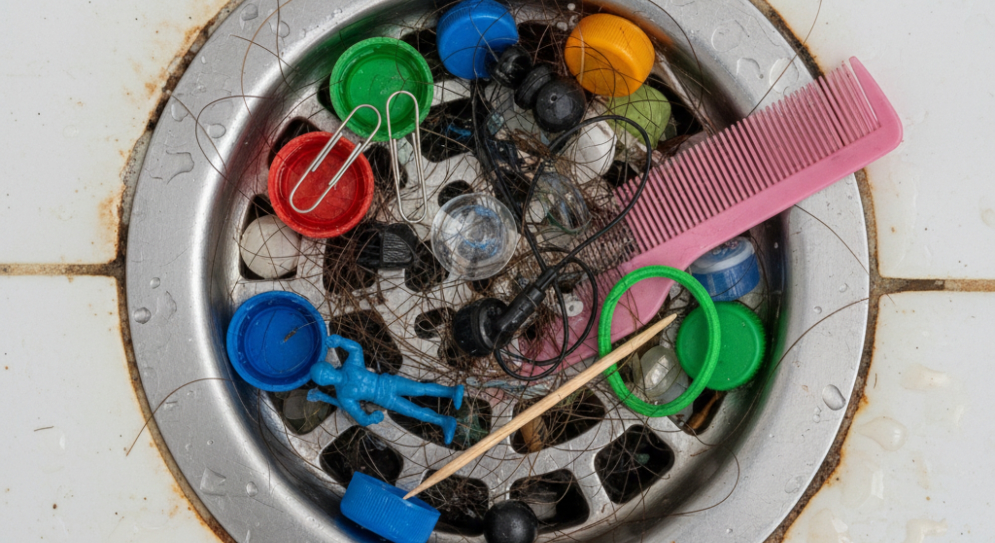 a drain clogged with small household items