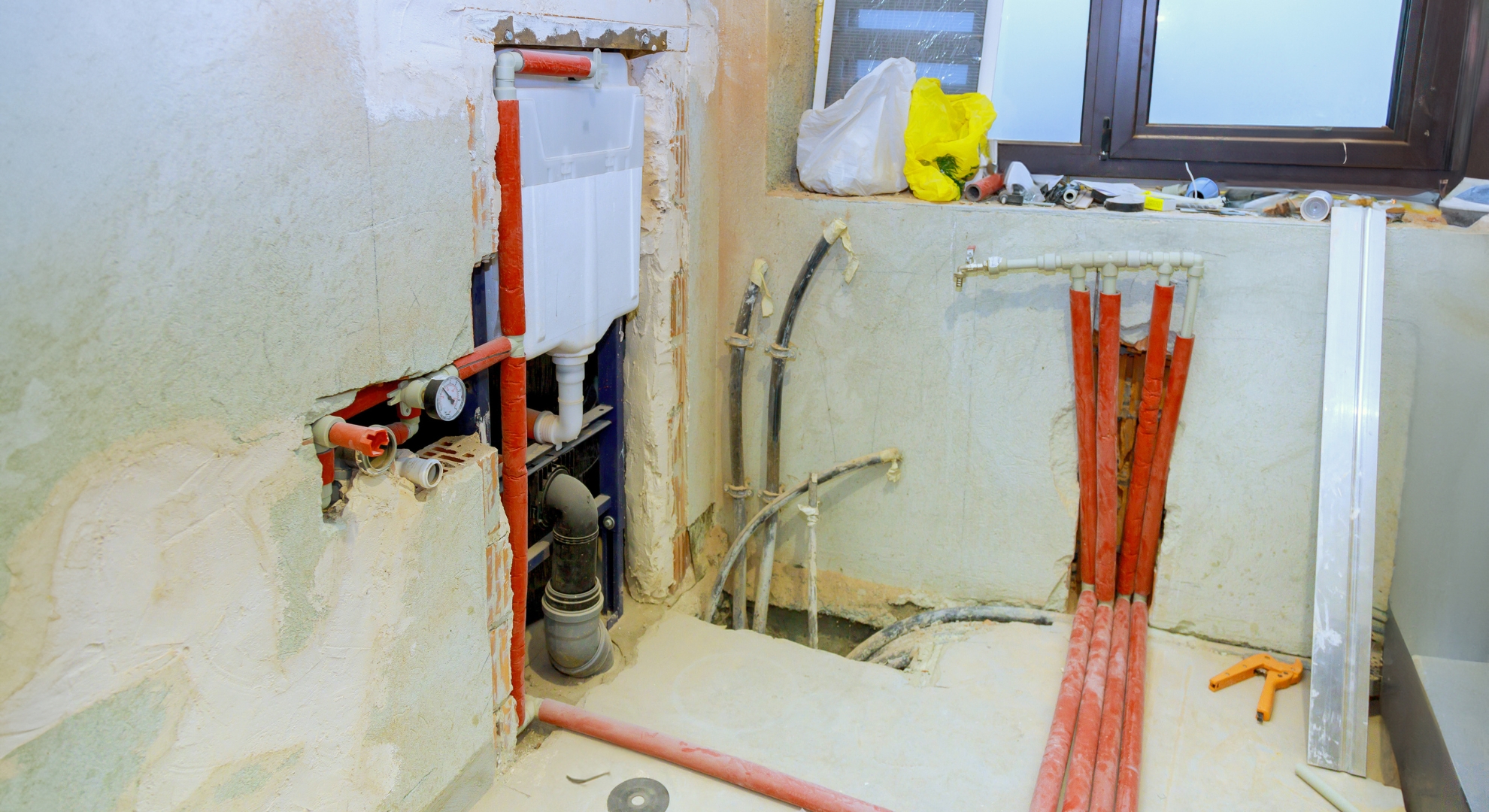 Insulated hot water pipes and rough-in plumbing installation for a bathroom renovation.